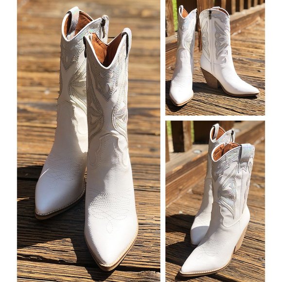 White Iridescent Metallic Applique Pointy Toe Block Heel Cowgirl Western Boots - Picture 7 of 15